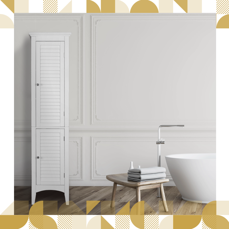 A white tower linen closet sits on the light wood floor of a bathroom next to a big white tub.