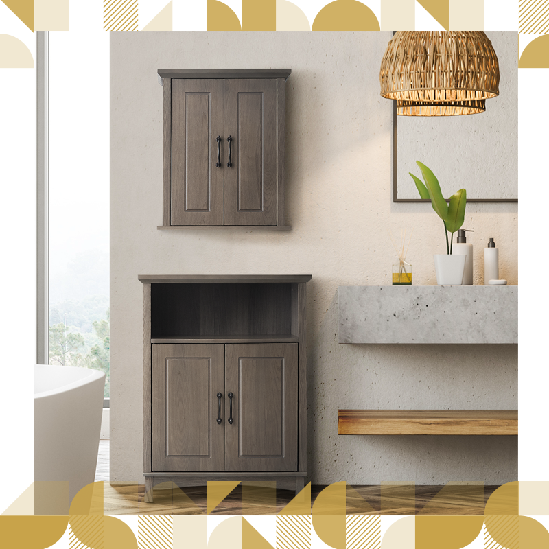 A gray brown wall mounted cabinet above a matching floor cabinet in a tropical bathroom