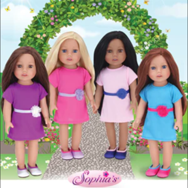 A brunette doll with a purple dress, a blonde doll with a pink dress, a black-haired doll with a pink dress, a red-headed doll with a blue dress.