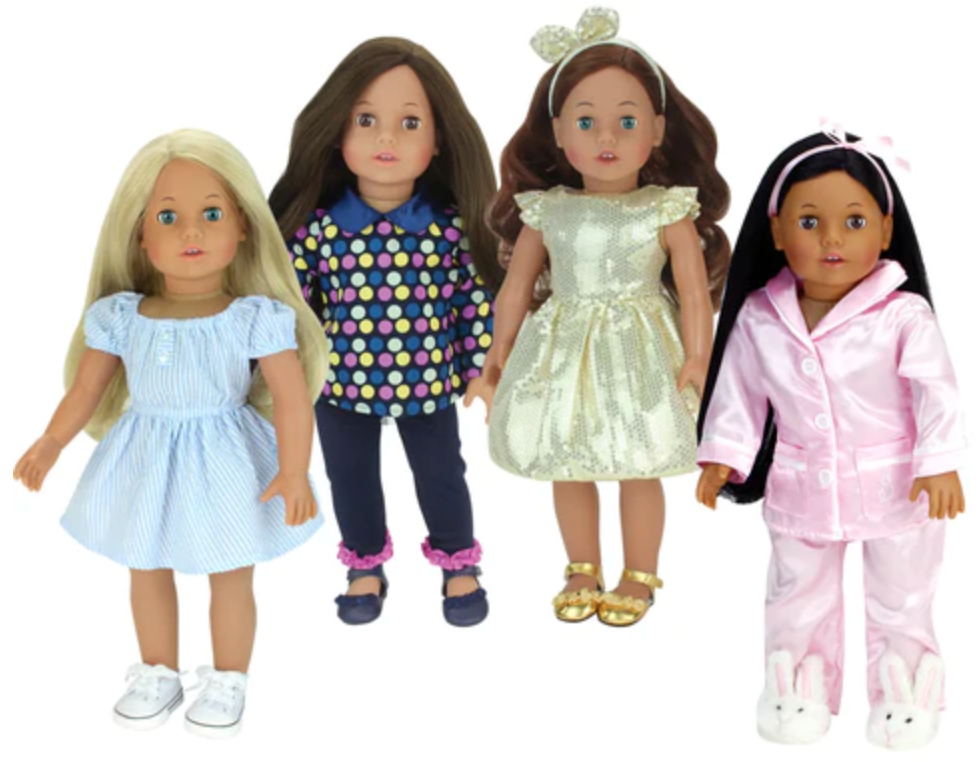 Blonde doll in a blue dress, brunette doll in a navy blue top and pants, a brunette doll in a yellow dress and a black haired doll in pink pajamas