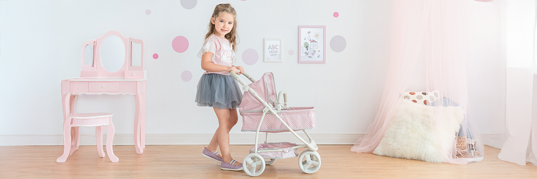 the purple jogging style stroller for baby dolls is on a walkway in a park