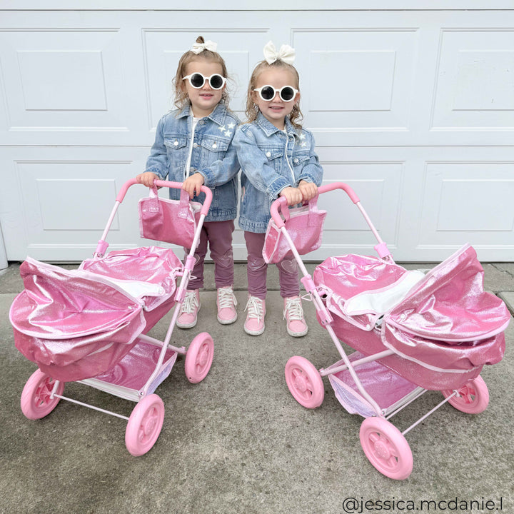 Olivia's Little World Baby Doll Bassinet Pram with Cover, Glitter Pink Doll Stroller with Retractable Canopy, Handle, Doll Seatbelt , All-terrain Wheels and Under Pram Storage for Doll Accessories