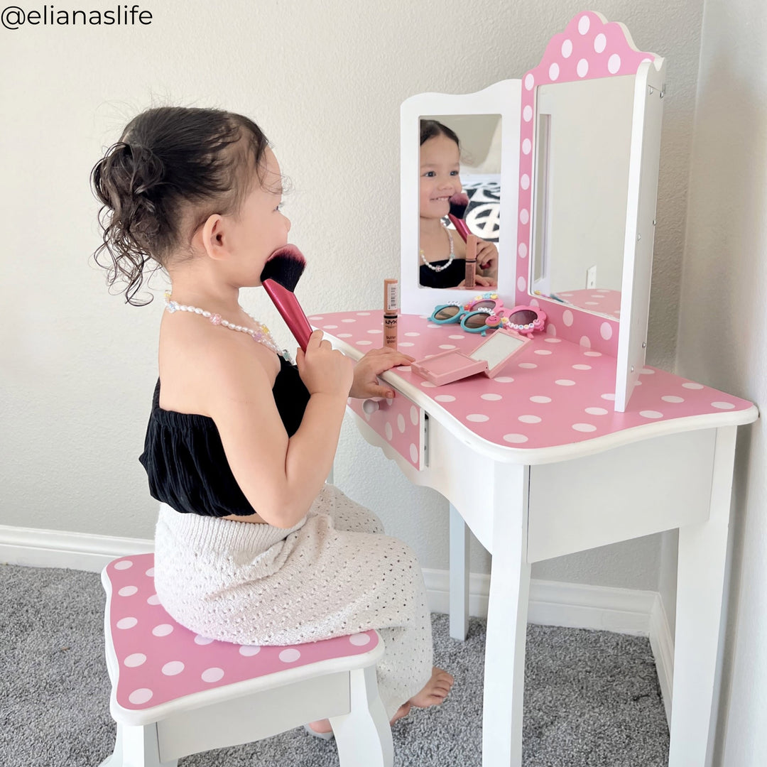 Teamson Kids Gisele Polka Dot Kids Vanity Table & Stool, White & Pink