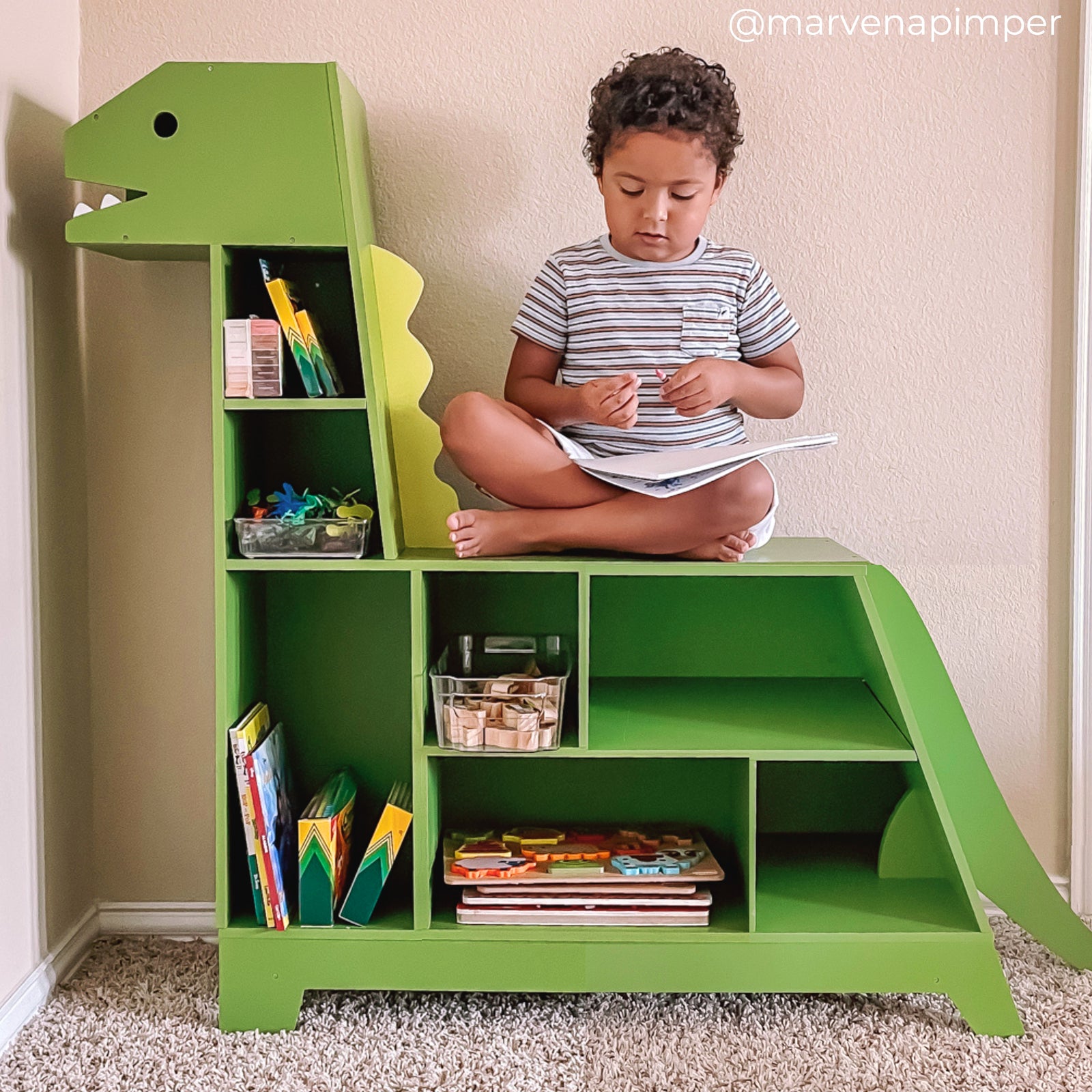 a young boy sits on top of his dinosaur bookshelf