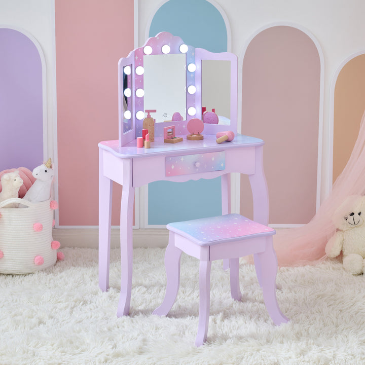 Stardust Print Gisele Wooden Play vanity with LED Lights & Three Way Mirror for Pretend Play by Teamson Kids