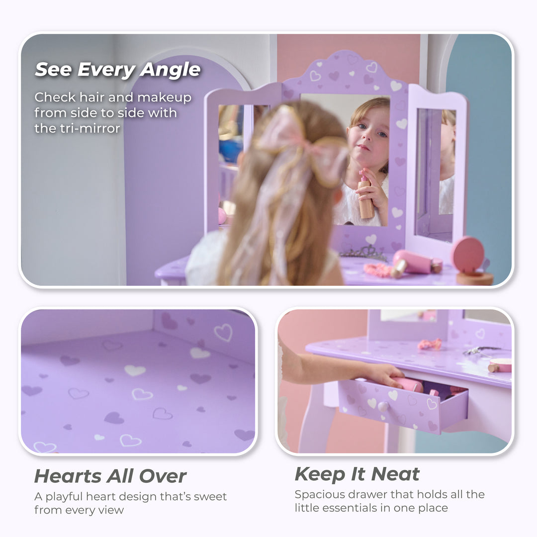 Classic Hearts Prints Gisele Wooden Play Vanity Set wit Three Way Mirror & Stool for Pretend Play by Teamson Kids