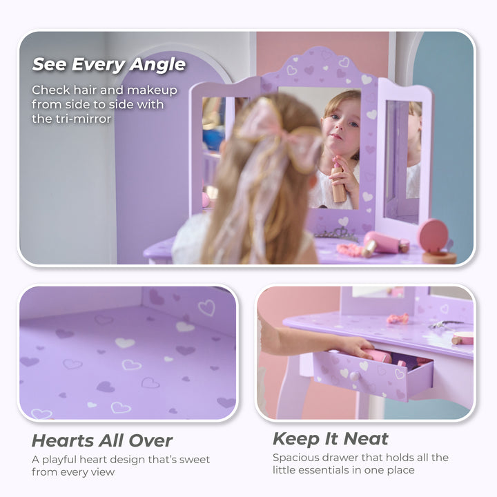 Classic Hearts Prints Gisele Wooden Play Vanity Set wit Three Way Mirror & Stool for Pretend Play by Teamson Kids