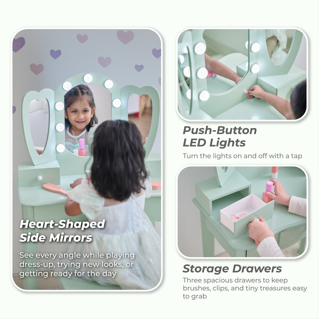 Kids Vanity with LED Lights, Sage Green - Heart Glow Play Vanity Set by Teamson Kids