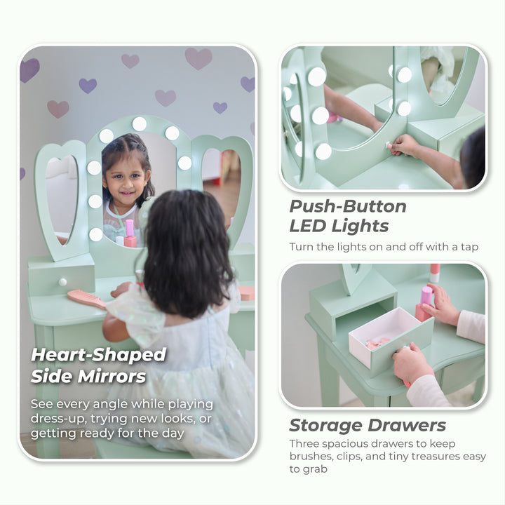 Kids Vanity with LED Lights, Sage Green - Heart Glow Play Vanity Set by Teamson Kids