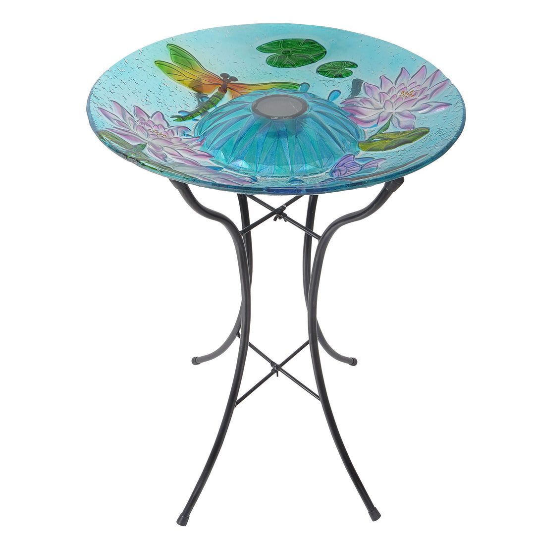 Blue birdbath features dragonflies and light, sits on top of 4 strong legs