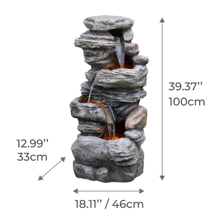 Teamson Home 39.37" Outdoor Faux Stone 4-Tier Water Fountain with LED, Gray