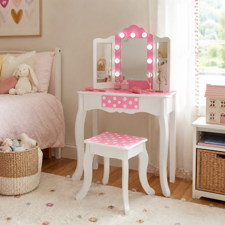 Teamson Kids Engineered Wood Vanity Set with LED Lighted Tri-Fold Acrylic Mirror, Storage Drawer, Matching Stool, Rounded Corners, White/Pink, Fantasy Fields Gisele Polka Dot Pretend Play Vanity Desk