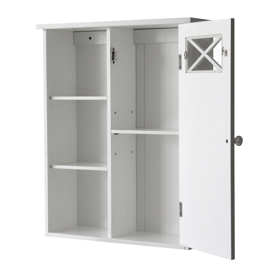 A white wall cabinet with the door open and an internal shelf and two more on the side