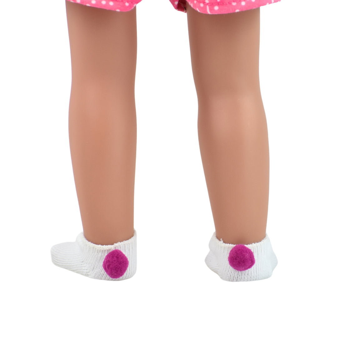 A pair of white footie socks with a hot pink pom pom on the back
