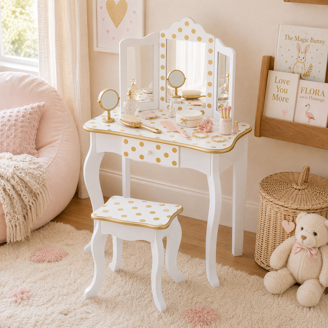 Teamson Kids Gisele Polka Dot Wooden Play Vanity Set with Tri-Fold Mirror, Storage Drawer, Matching Stool, Kids Makeup Table and Chair for Dress-Up Pretend Play, Ages 3+, Gold & White