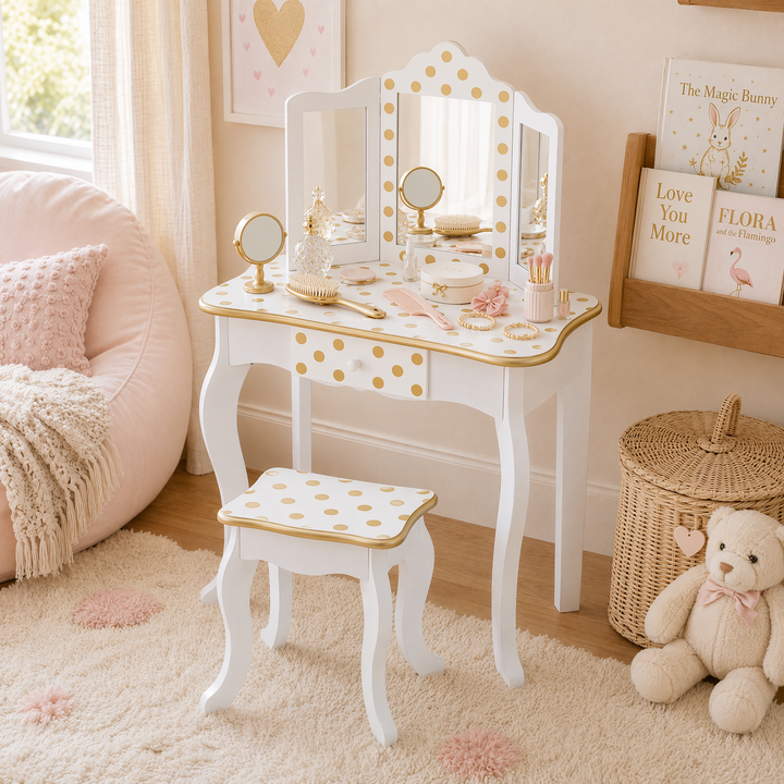 Teamson Kids Gisele Polka Dot Wooden Play Vanity Set with Tri-Fold Mirror, Storage Drawer, Matching Stool, Kids Makeup Table and Chair for Dress-Up Pretend Play, Ages 3+, Gold & White