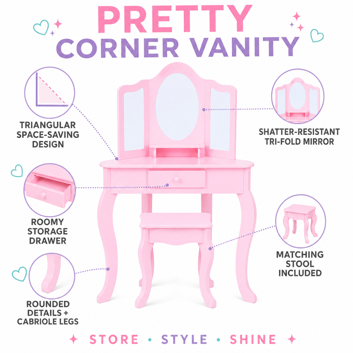 Teamson Kids Large Corner Kids Vanity Table and Stool Set with Drawers, Space-Saving Pink pretend Play Set with Tri-fold Mirror, Drawers and Shelves, Little Princess Alessandra