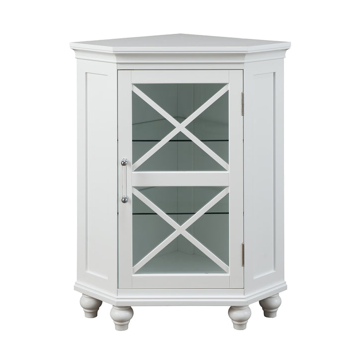 A corner floor cabinet with a glass door and decorative feet