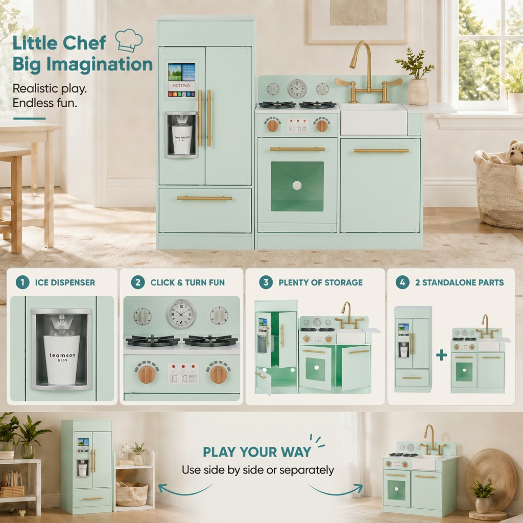 Teamson Kids Little Chef Charlotte Modern Play Kitchen, Mint/Gold