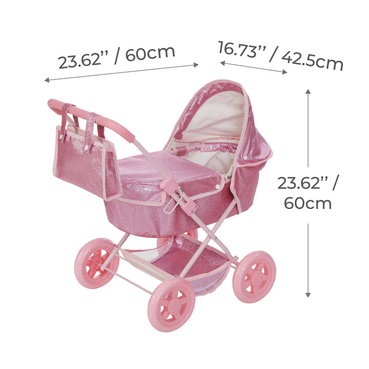 An infographic for a pink baby doll buggy measured in inches and centimeters.