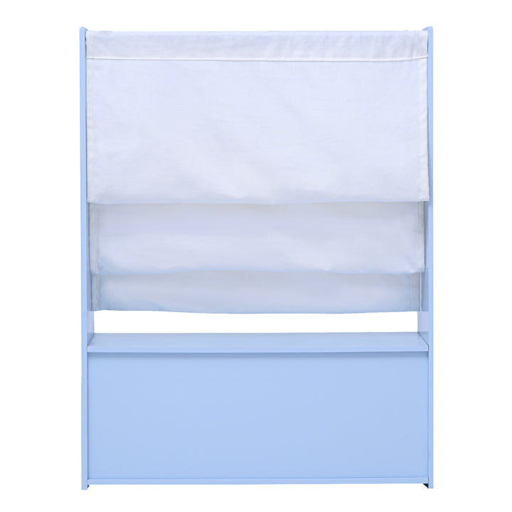 The backside of the Sunny Safari book case in blue with white fabric booksleeves.