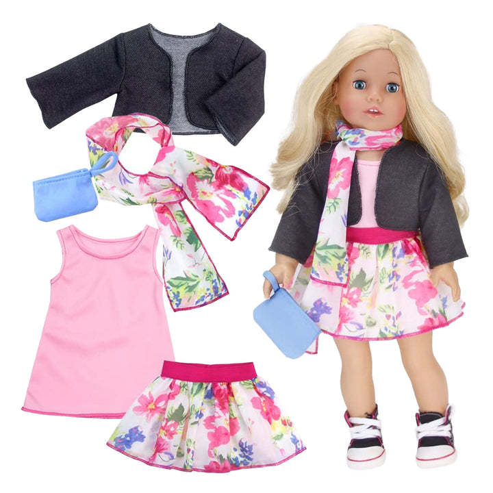 An 18" blonde doll with a 5-piece spring ensemble