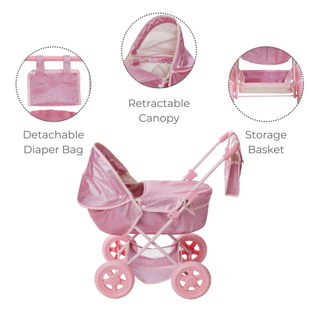 Bassinet style doll stroller features underneath storage basket, retractable canopy and diaper bag