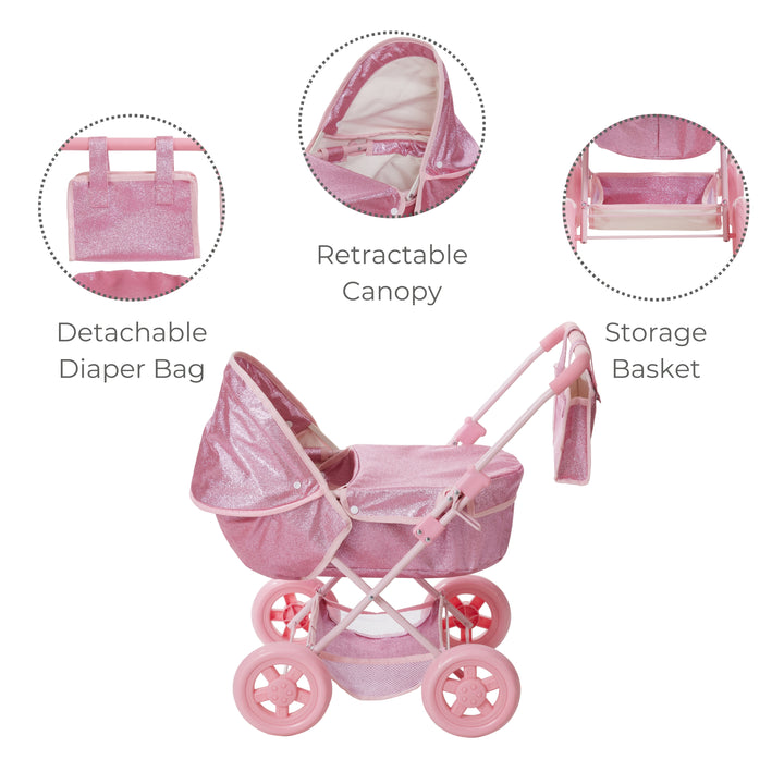 Bassinet style doll stroller features underneath storage basket, retractable canopy and diaper bag