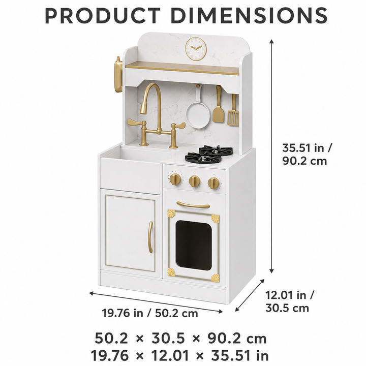 Teamson Kids Small Play Kitchen Set with Refrigerator, 17 Accessories, Storage Interactive White Pretend Play Wooden Kitchen with Gold Tap /Faux Marble Furnishings - Little Chef Versailles