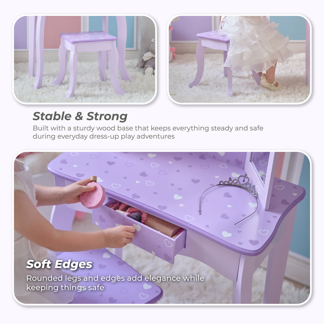 Classic Hearts Prints Gisele Wooden Play Vanity Set wit Three Way Mirror & Stool for Pretend Play by Teamson Kids
