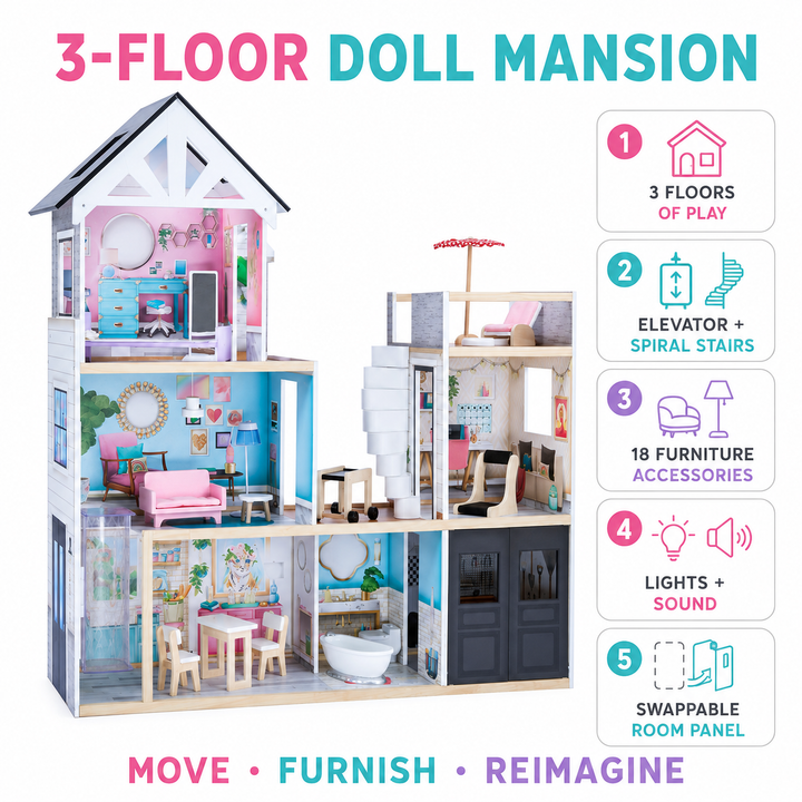 Teamson Kids Dreamland Mansion Wooden Doll House with 3 Floors, Terrace, Elevator, Spiral Stairs, Battery-Powered Lights, Sounds and 18 Accessories