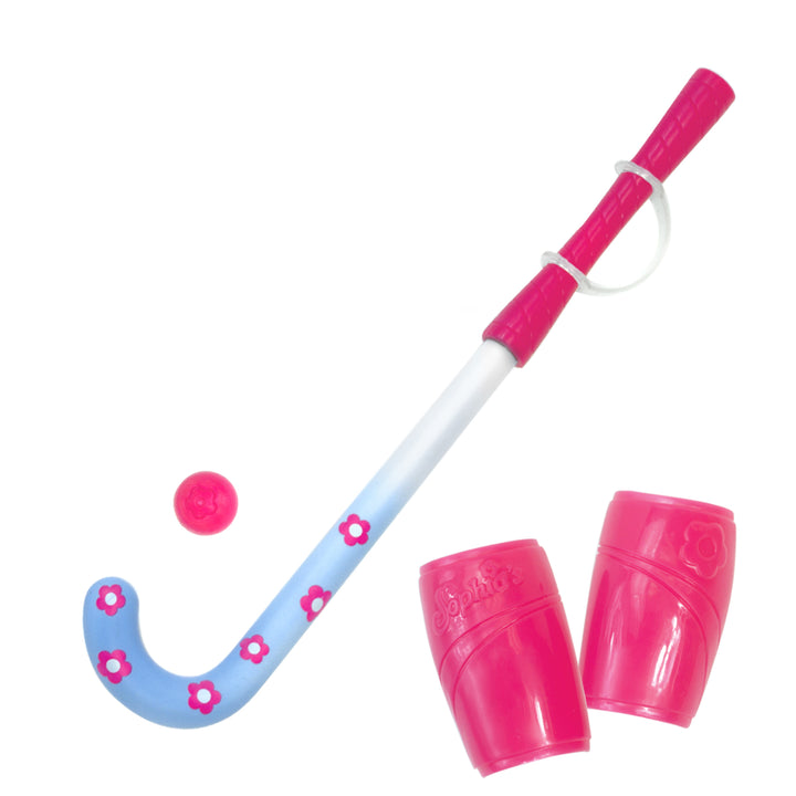 A ball, hockey stick and shin guards for an 18" doll