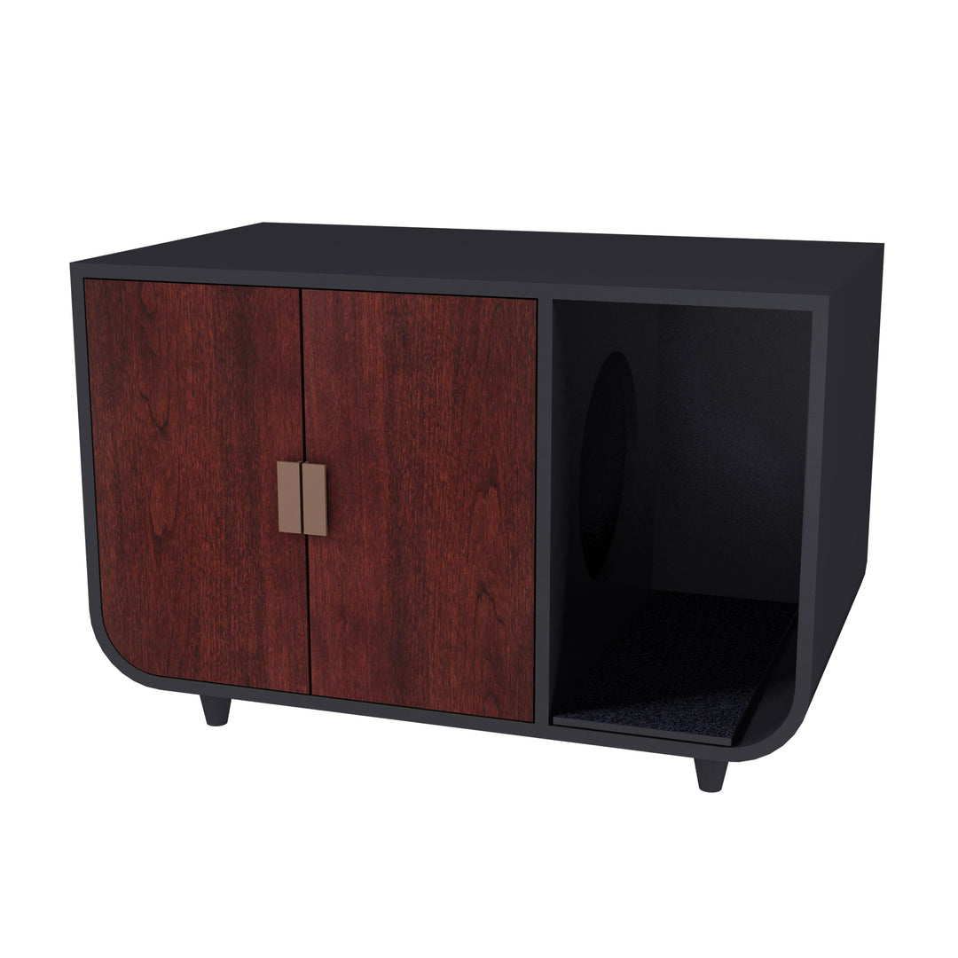 A black and walnut cat litter box enclosure with two doors and an open panel