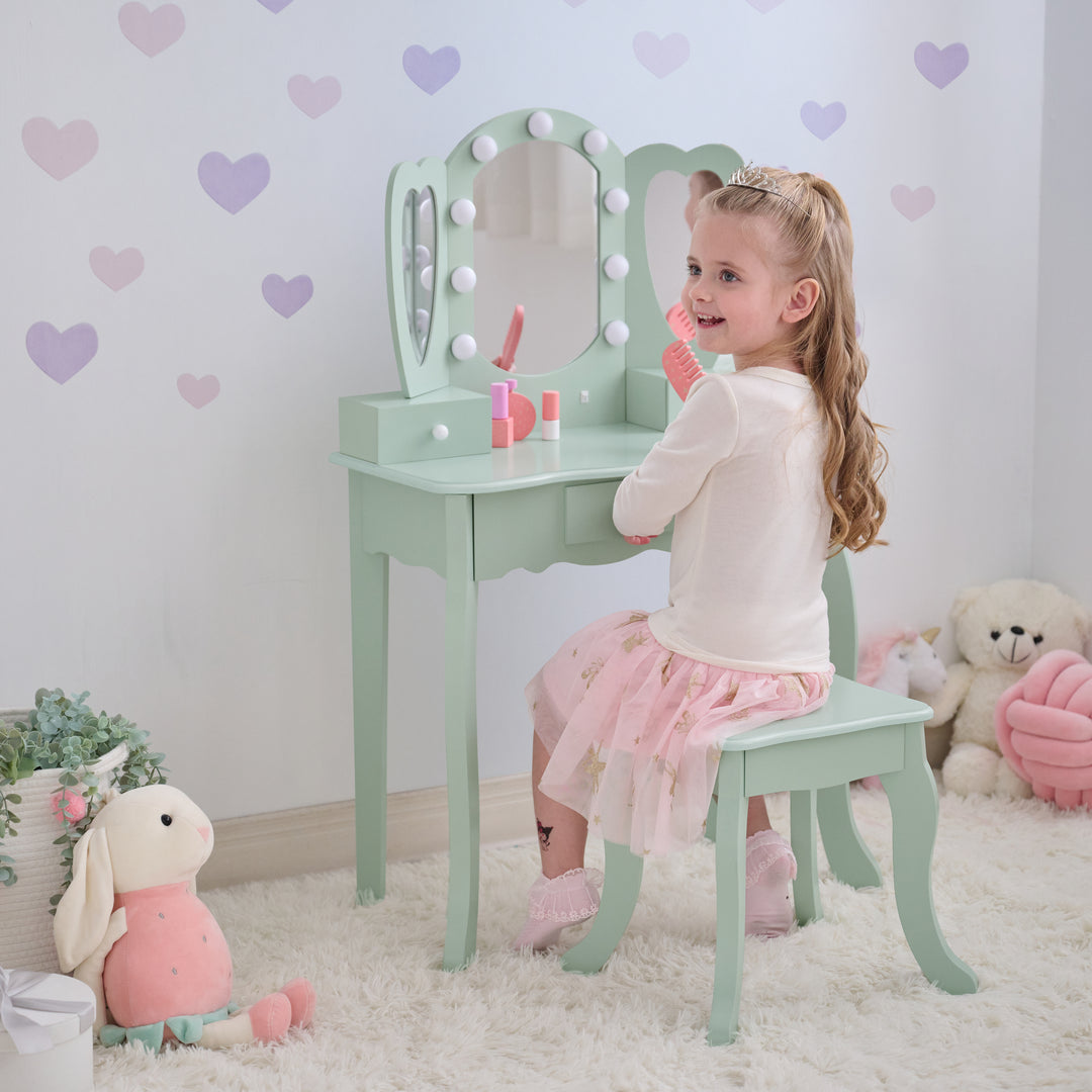 Kids Vanity with LED Lights, Sage Green - Heart Glow Play Vanity Set by Teamson Kids