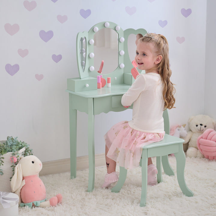 Kids Vanity with LED Lights, Sage Green - Heart Glow Play Vanity Set by Teamson Kids