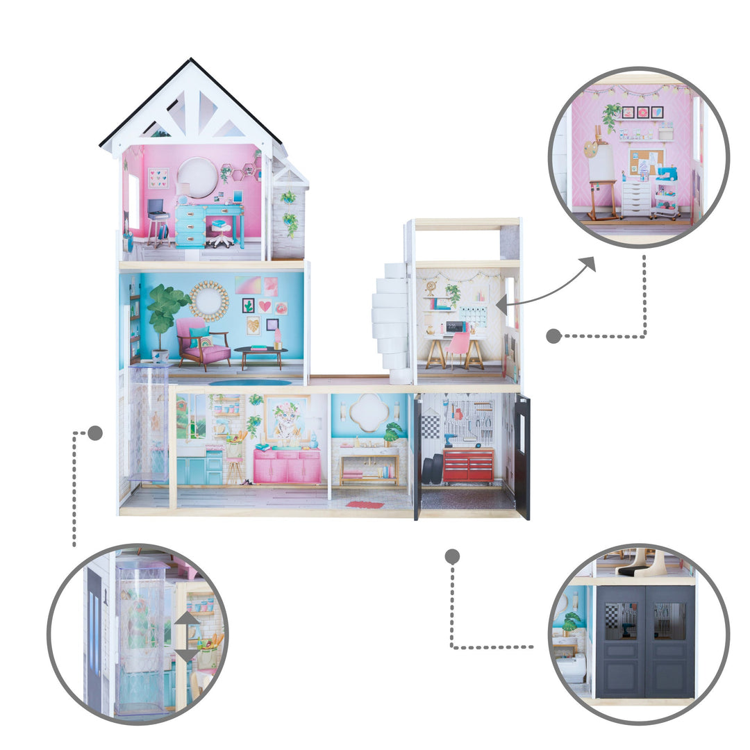 Callouts of the dollhouse: a close-up of the office with the reversible panel, the clear elevator, and the garage door closed.