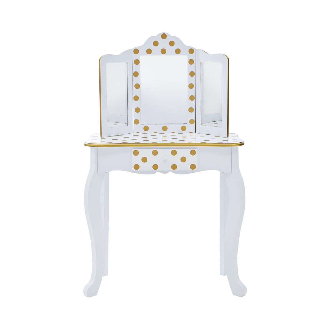 Teamson Kids Polka Dot Prints Gisele Vanity Playset with LED Mirror, White/Gold