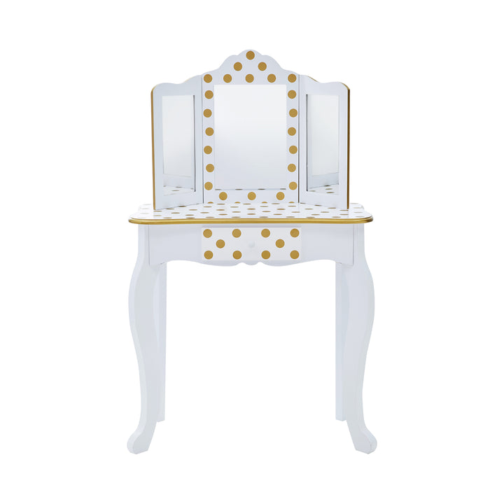 Teamson Kids Polka Dot Prints Gisele Vanity Playset with LED Mirror, White/Gold