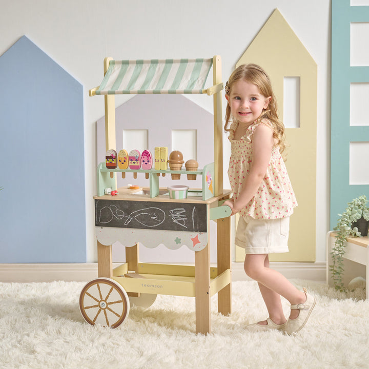 Jolly Pals Wooden Ice Cream Stand with 32 Play Food Pieces for Pretend Play by Teamson Kids