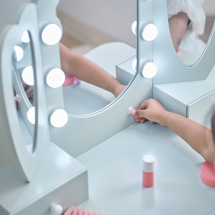 Kids Vanity with LED Lights, Blue - Heart Glow Play Vanity Set by Teamson Kids