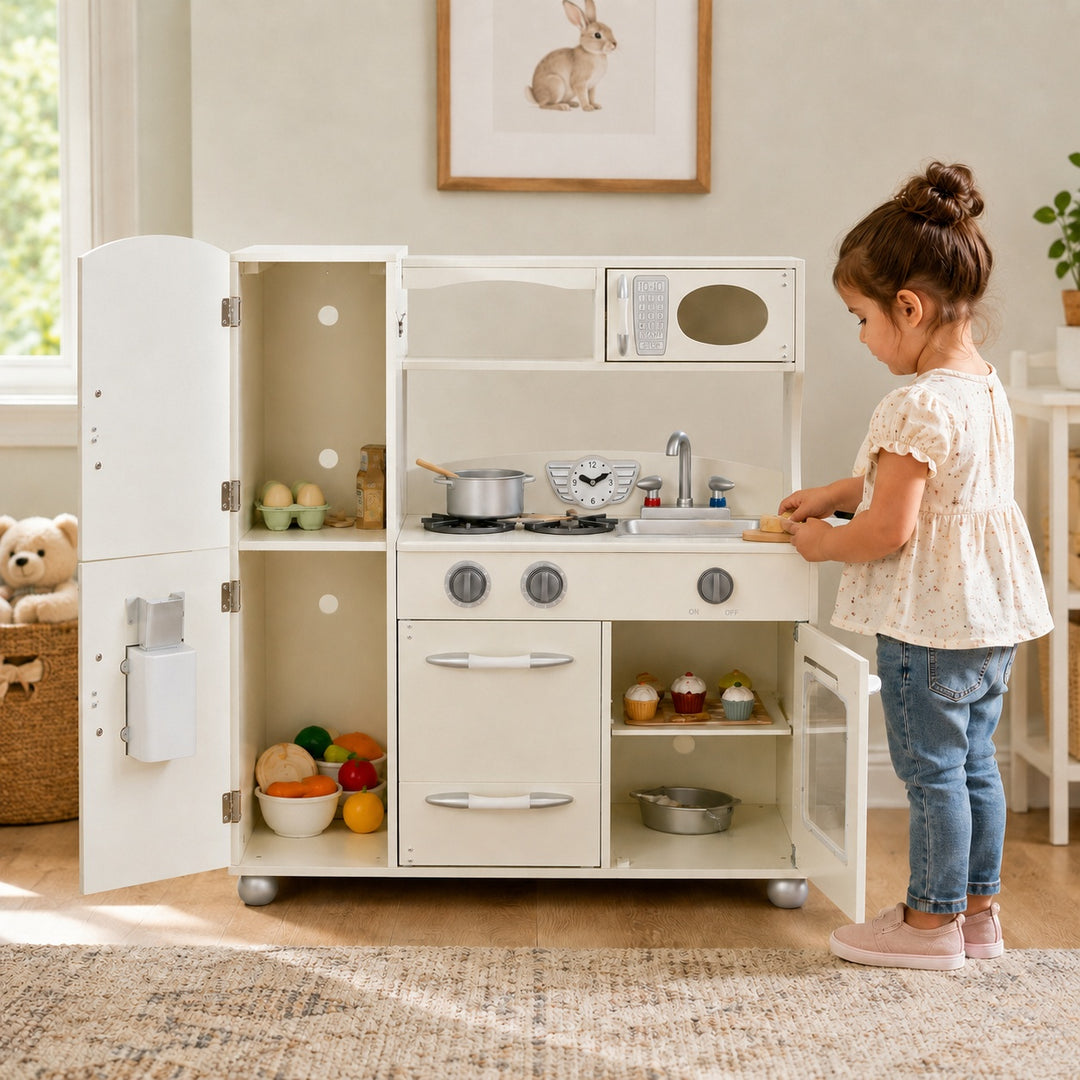 Teamson Kids Little Chef Westchester Retro Medium Play Kitchen with Fridge, Oven, Removable Sink, Chalkboard Panel, Clicking Knobs, Storage and Accessories