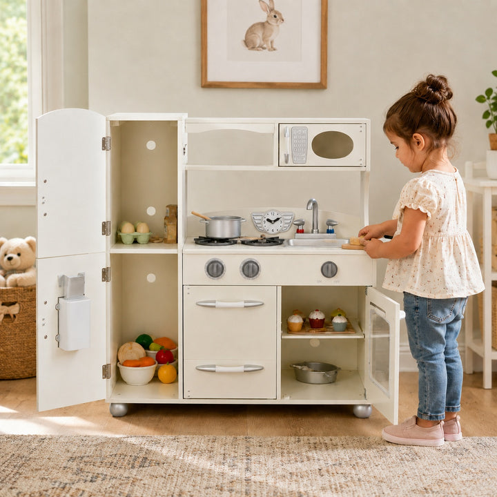 Teamson Kids Little Chef Westchester Retro Medium Play Kitchen with Fridge, Oven, Removable Sink, Chalkboard Panel, Clicking Knobs, Storage and Accessories