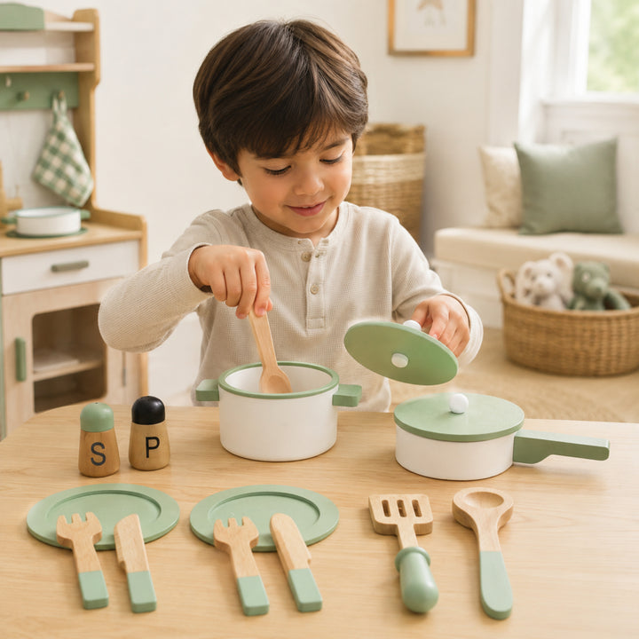 Teamson 14-Piece Wooden Play Kitchen Cookware Set with Green Utensils Set 2 Pots with Matching Lids, Spatula, Serving Spoon, 2 Plates, 2 Knives, 2 Forks, Salt and Pepper Shakers, Little Chef Frankfurt