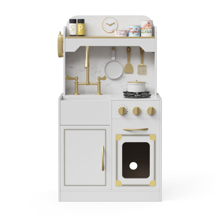 A white and gold play kitchen