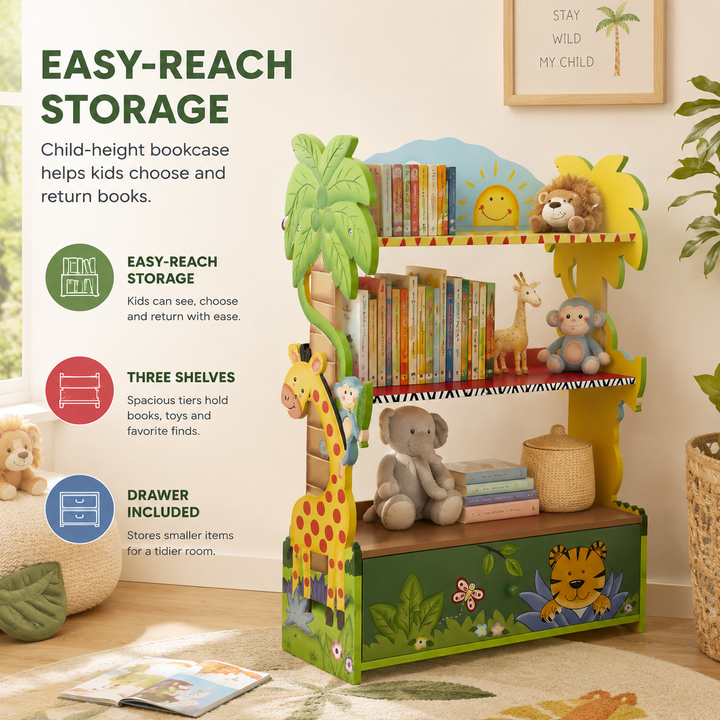 Fantasy Fields Sunny Safari Kids Bookcase with 3 Shelves, Bottom Drawer, Child-Friendly Height and Safari Animal Design, Blue