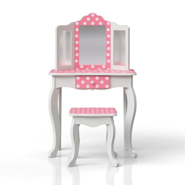 A kids' vanity table and matching stool with trifold mirror, white with pink and white polka dot accents