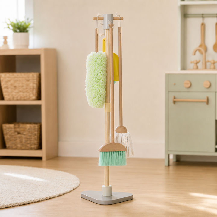 Teamson Kids 6-Piece Wooden Cleaning Set with Storage Stand, Little Helper Pretend Play Cleaning Set, Mop, Broom, Duster, Dust Pan and Brush with Hanging Rope Loops for Easy Storage