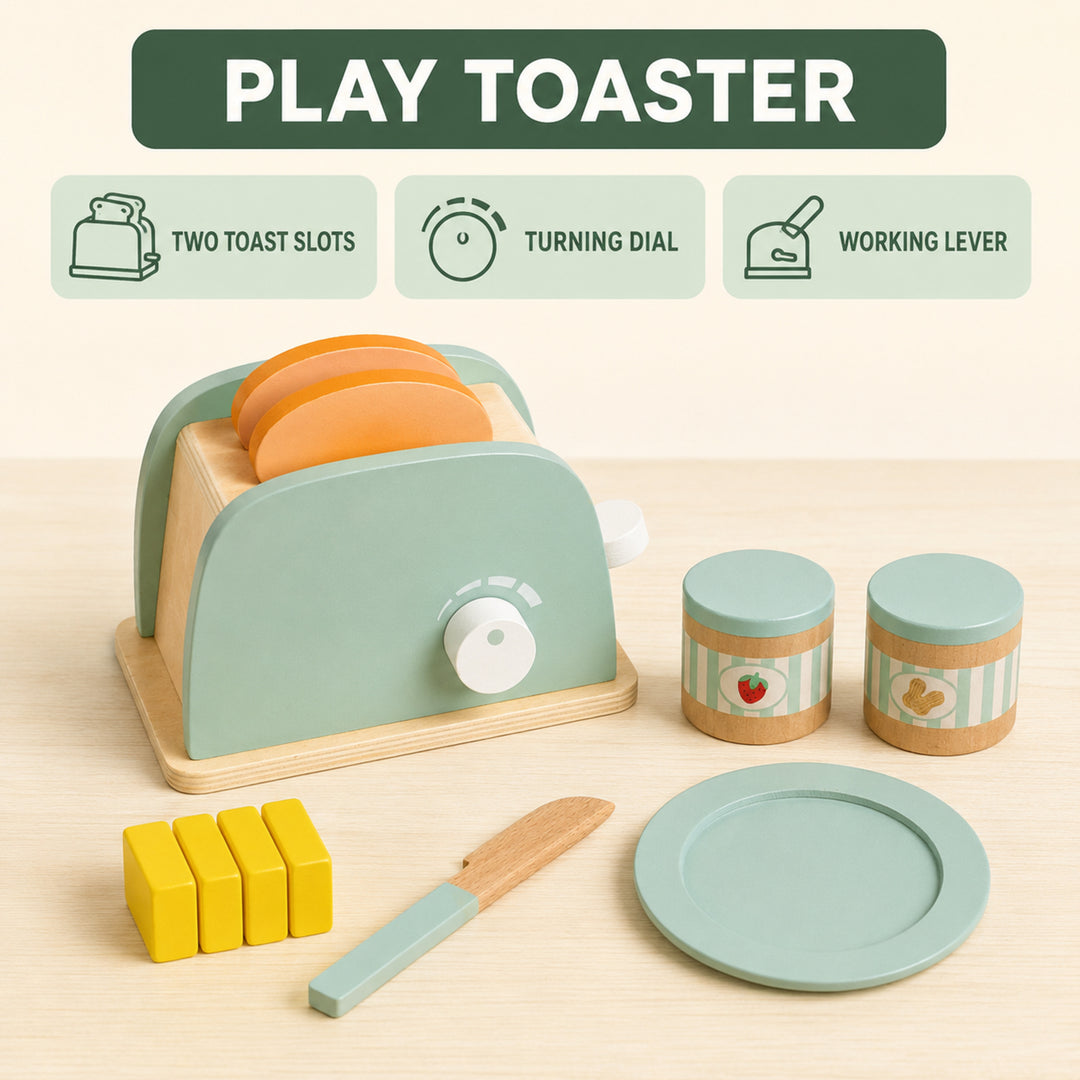 Teamson Kids 10-Piece Wooden Toy Toaster and Pretend Play Food Set, Green Kitchen Set with Pretend Bread, Knife and Plate for Interactive Play, Lever Makes Toast Slices Pop Little Chef Frankfurt