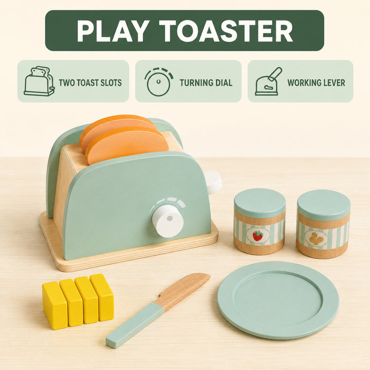 Teamson Kids 10-Piece Wooden Toy Toaster and Pretend Play Food Set, Green Kitchen Set with Pretend Bread, Knife and Plate for Interactive Play, Lever Makes Toast Slices Pop Little Chef Frankfurt