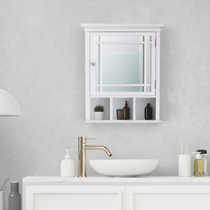 A white wall cabinet with mirrored door and bottom shelf over sink